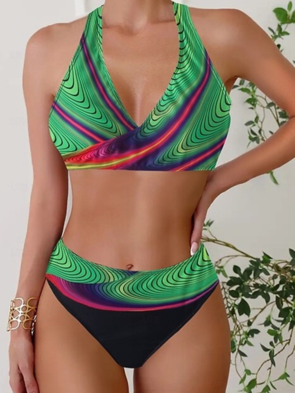 Woman's Green Swirl Halter Bikini Set size 2XL